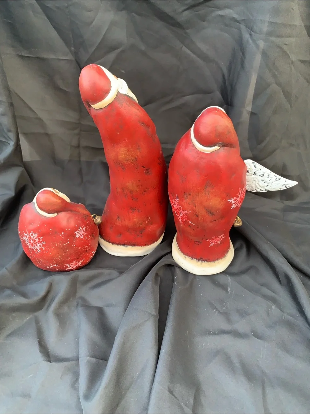 Set of Three Chubby Rustic Hand-Painted Red Santa Claus Figurines Lightweight